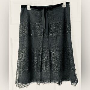 Ann Taylor | Black Lace Midi Skirt | Velvet Bow Waist | Sequin Detail